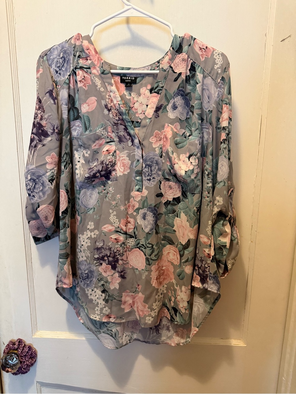 Torrid Floral Harper V-Neck Blouse in Pastel Sage and Pink